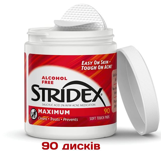 Лікування акне (угрів) очищувальні диски Stridex Single-Step Acne Control Maximum Salicylic Acid 2%, 0% Alcohol 90 шт