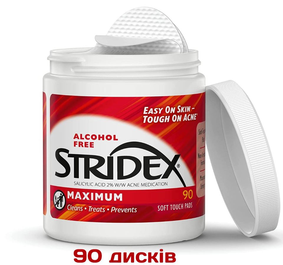 Лікування акне (угрів) очищувальні диски Stridex Single-Step Acne Control Maximum Salicylic Acid 2%, 0% Alcohol 90 шт